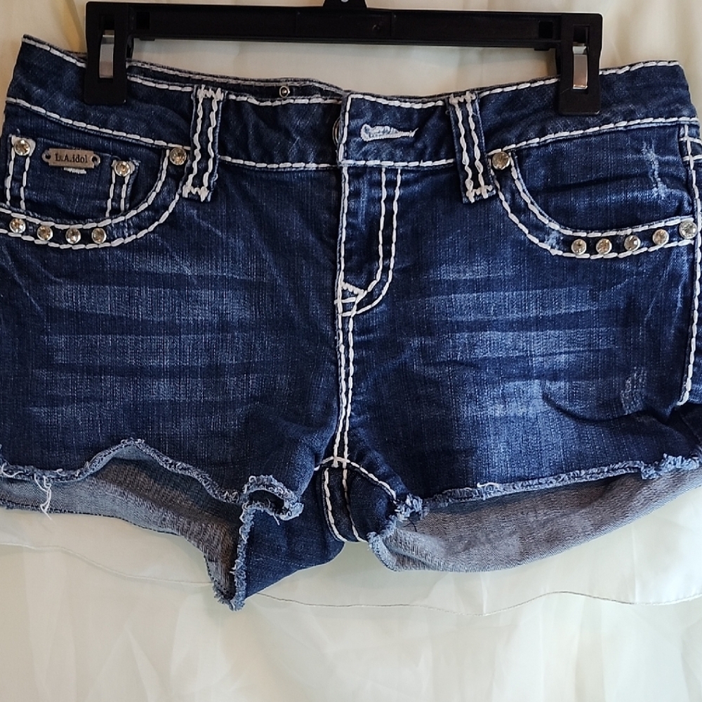 L.A. Idol Dark Blue Jean Shorts with White Accents